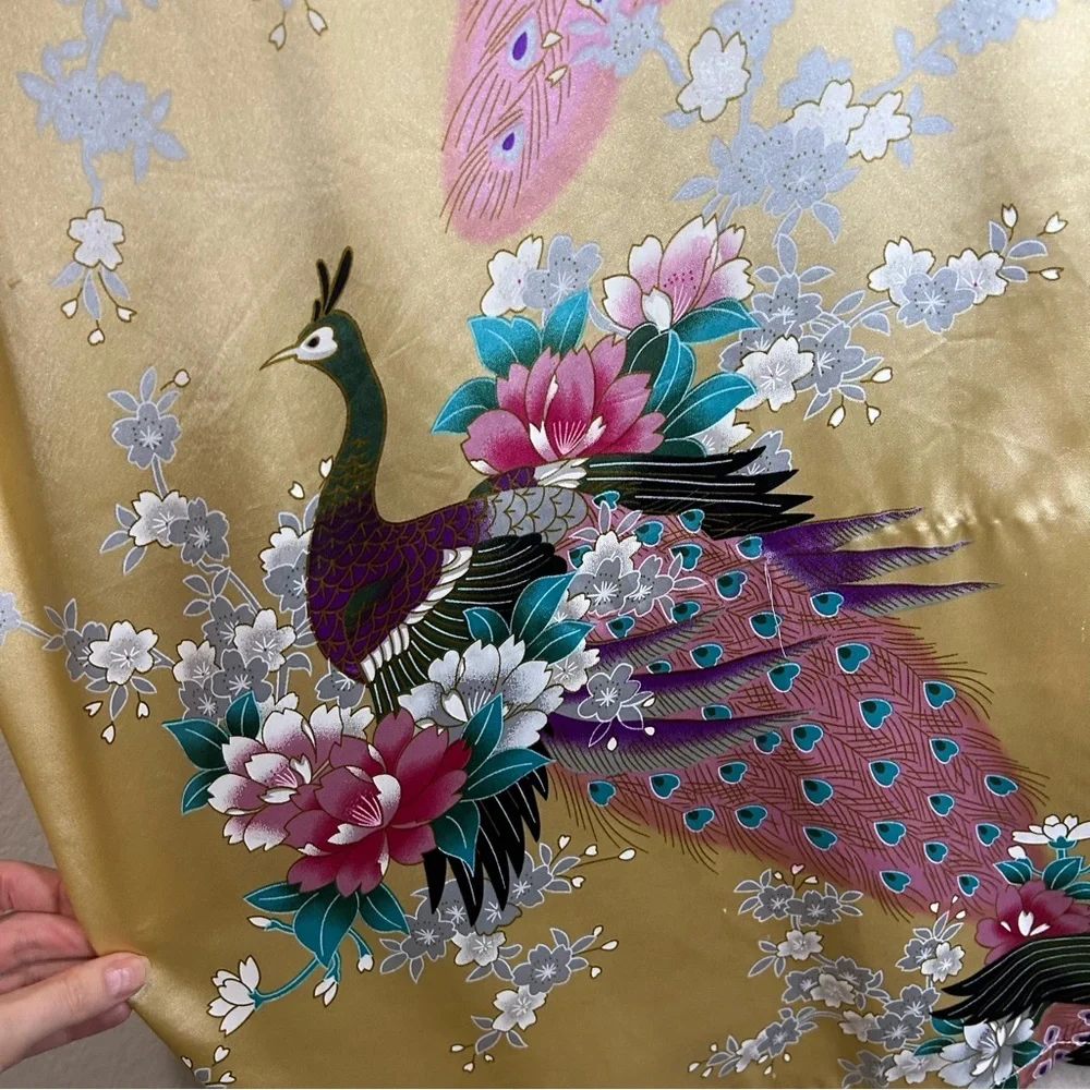 Jin Hon Gold Satin Peacock Floral Kimono Robe OS Artsy Loungewear Lightweight